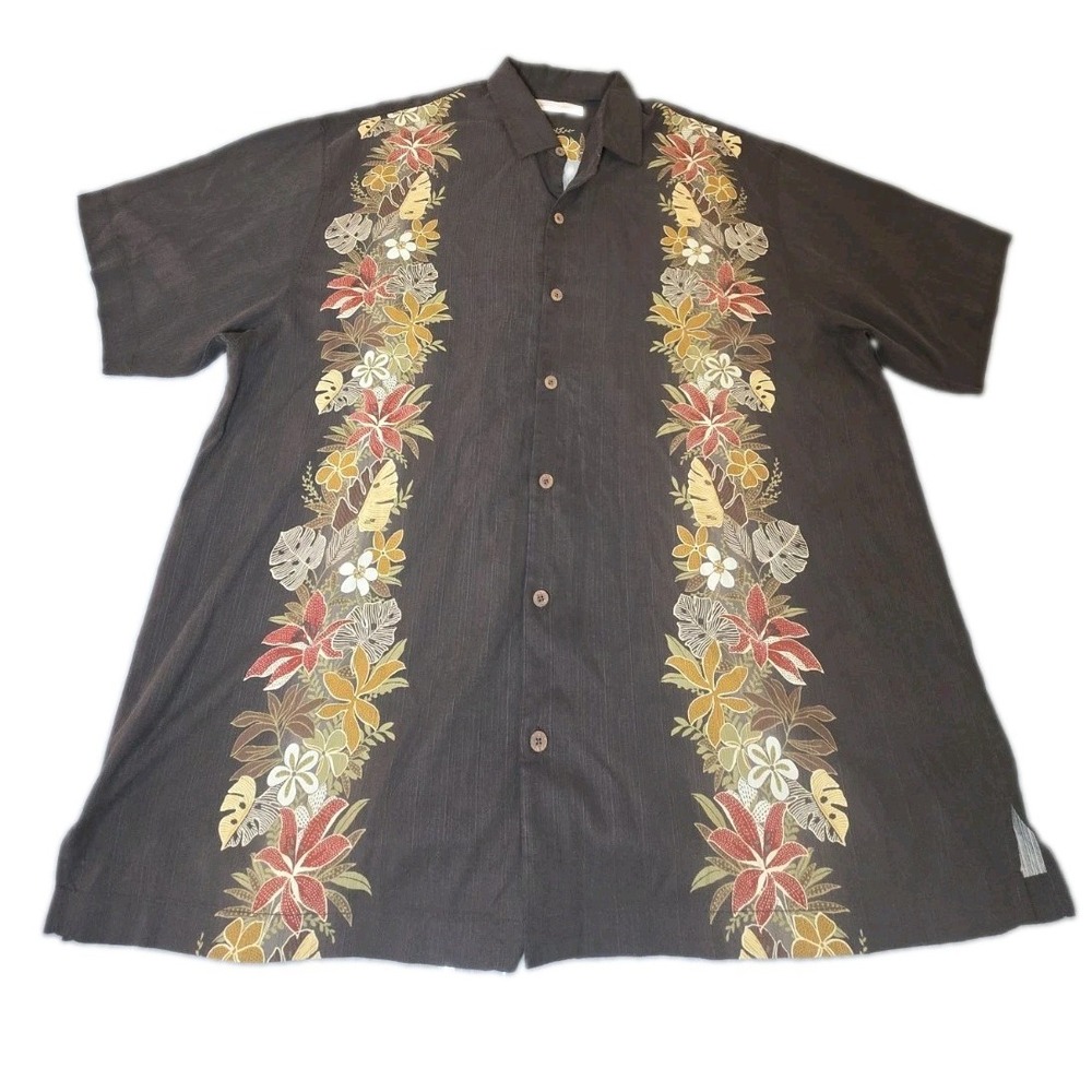 Tommy Bahama Shirt Mens 2XL Brown Silk Tropical Floral Monstera Panel Button Dow